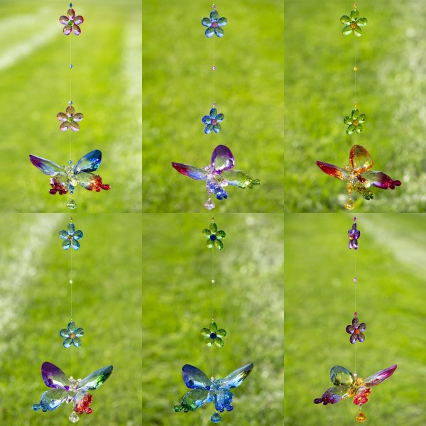 collage of 6 five tone acrylic butterfly chain hanging ornaments in 6 assorted color combinations with flowers