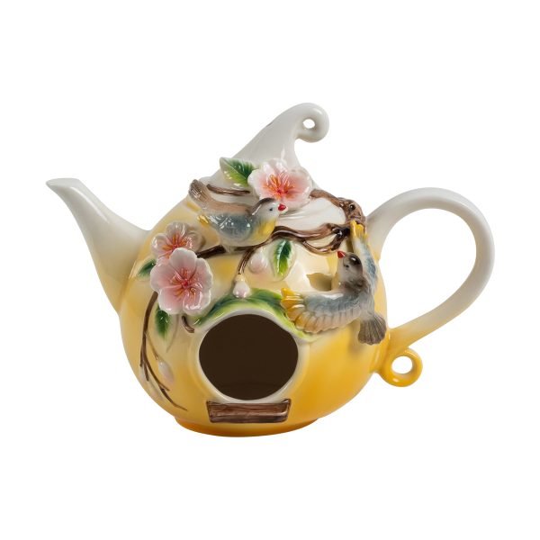 20" Long Hanging Porcelain Teapot Birdhouse with 2 Blue & Yellow Birds "Blythe"