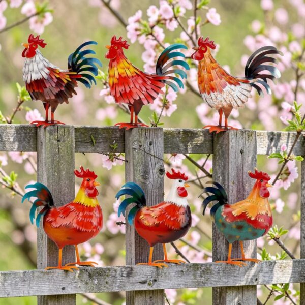 Set of 6 Assorted Metal Rooster Figurines "The Foghorn Flock"