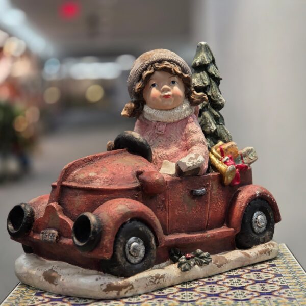 21" Tall Vintage-Style Girl in Red Truck with Christmas Tree & Gifts