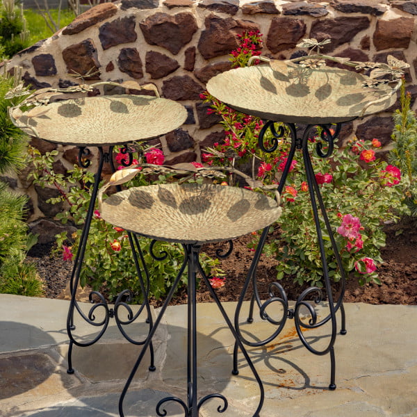 3 iron pedestal birdbaths in 3 assorted sized in frosted gold finish with patina featuring butterflies, flowers and leaves