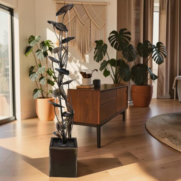 84" Tall Iron Cascading Lily Pad Fountain with Square Basin
