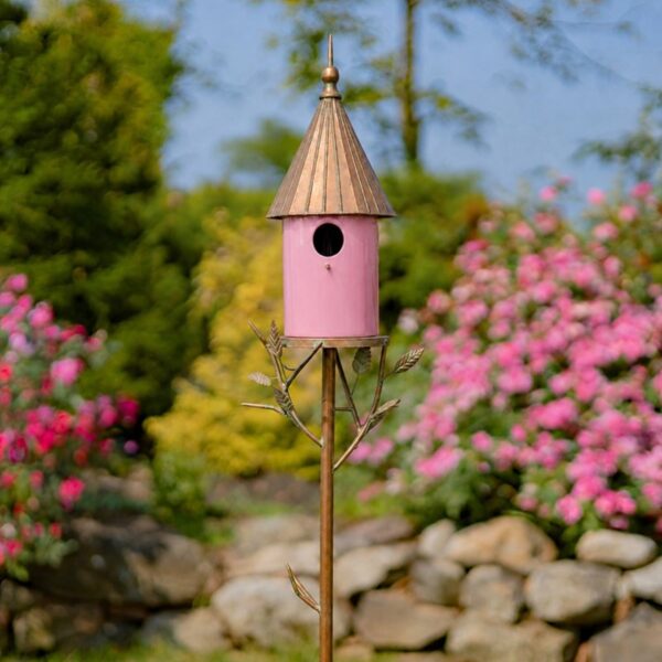 72.75" Tall Iron & Pink Porcelain Birdhouse Stake "Paris"