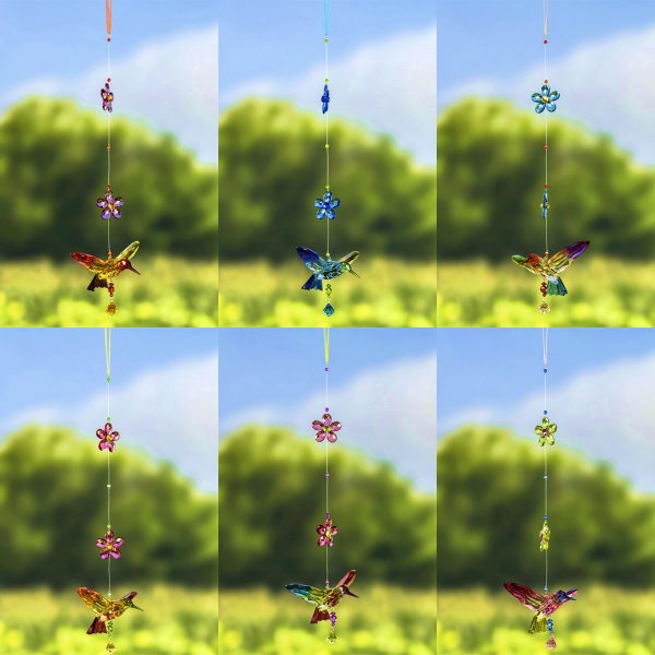 collage of five tone acrylic hummingbirds hanging ornaments in 6 assorted colors with matching flowers and beads