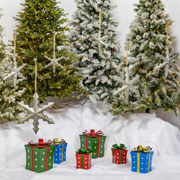 Set of 6 Christmas Stars in a Galvanized Finish- Hanging lighted Christmas Trees - Gifts in front of it