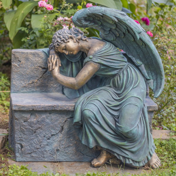 35 inch tall statue of angel napping on bench with finest details and textures in antique bronze finish
