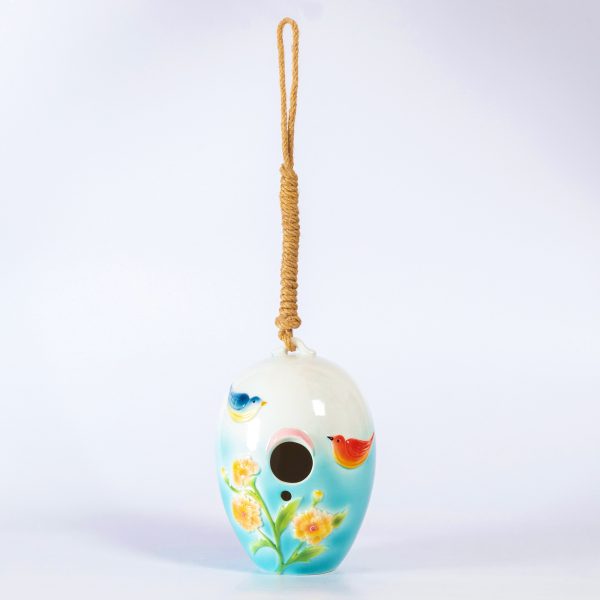 19" Long Egg-Shaped Hanging Porcelain Birdhouse with Birds "Fauna"