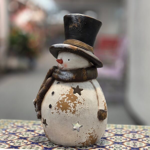 16" Tall Vintage-Style Snowman-Shaped Candleholder with Black Hat