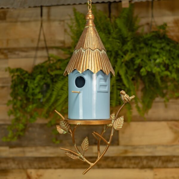 30.25" Long Metal & Soft Blue Porcelain Hanging Birdhouse "Arta"