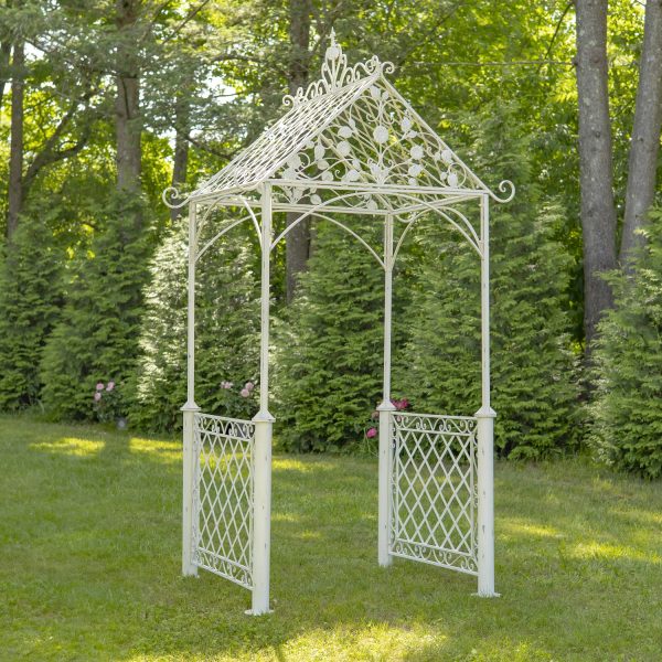 Iron garden gate with A shaped roof and cross line design in antique white finish