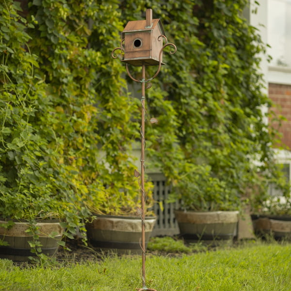 full length image of 63 inch tall iron colonial style birdhouse garden stake in antique copper distressed finish with patina details