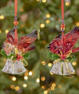 1 pair of Hanging long cardinal ornament with two small crystal bells and organza ribbon with bright red bird in the centre sitting on the two bells