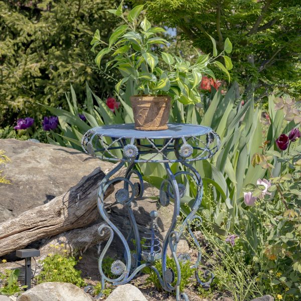 Iron Round Table with Aster flower accents in cobalt blue finish