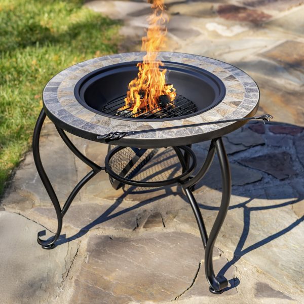 "Grey Rocks" Mosaic Firepit Tile Metal Fire Pit 25"D. Round