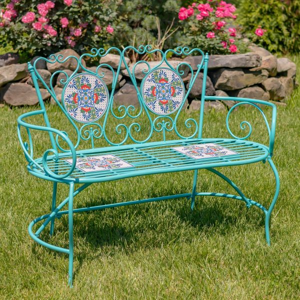 Crafted from durable powder coated iron and handcrafted colorful ceramic tiles, the Baton Rouge style features a glossy teal frame with beautiful ceramic blue, green, and red tiles