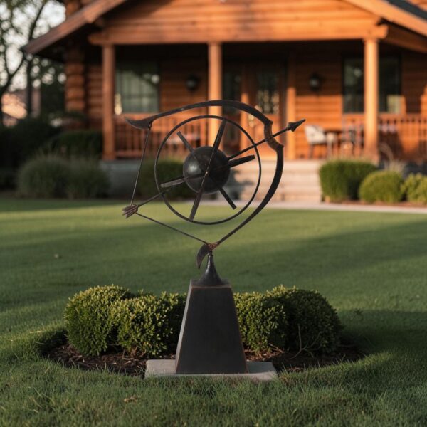43.5" Tall Abstract Bow & Arrow Target Iron Sculpture in Antique Black & Bronze
