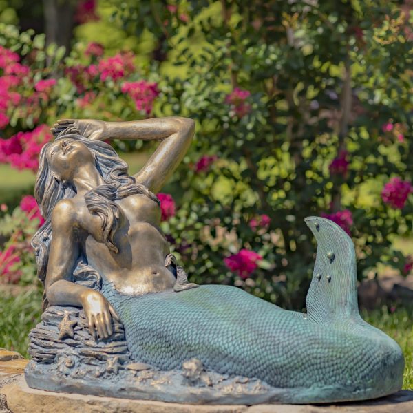 image of 36 inch long mermaid statue reclining on a rock with long hair painted in antique bronze finish
