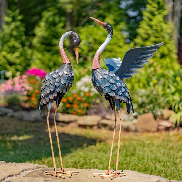 pair of Blue Crane metal garden figurines