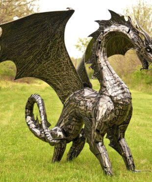Fierce Looking Large Metal Dragon Standing Tall, Ready to Spit Fire