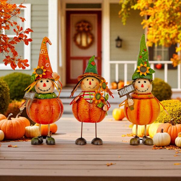 Set of 3 Assorted Pumpkin Scarecrow Figurines "Tatters Stitches & Patches"