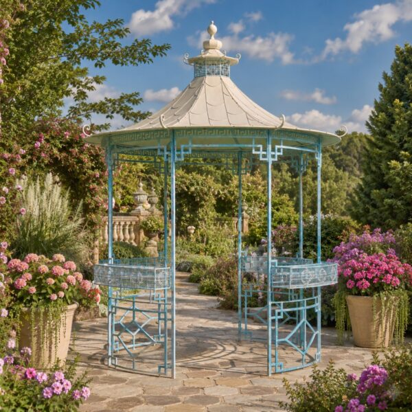 11.6 ft. Tall Opulent Round Iron Gazebo with Side Walls & Planters in Light Blue "Tsugo"