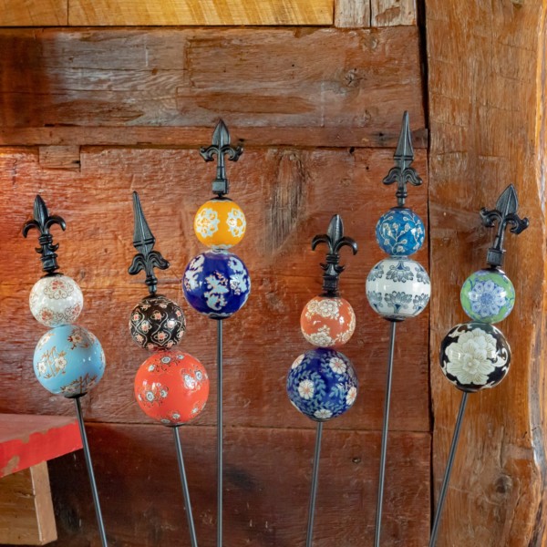 set of 6 assorted ceramic ball iron garden stakes in various colors with finial top accent