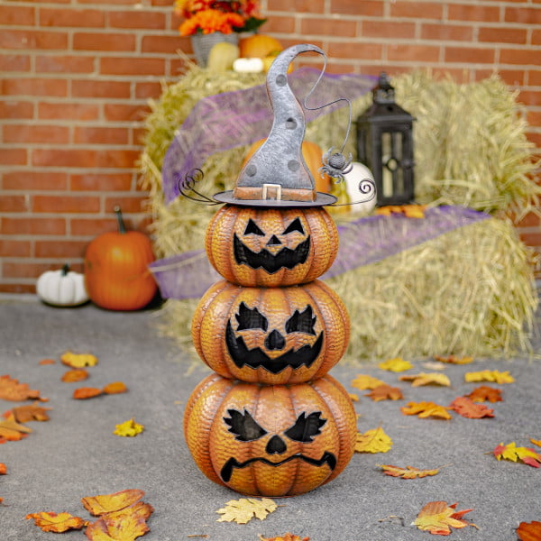 Front View of Full Size 31 inch Tall Iron Jack-O-Lantern Totem Pole Halloween Decoration on Front Porch with Haystacks