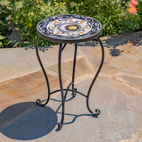 "Luna" 22in Tall Mosaic Pedestal Plant Stand - Navy/Light Blue/Yellow