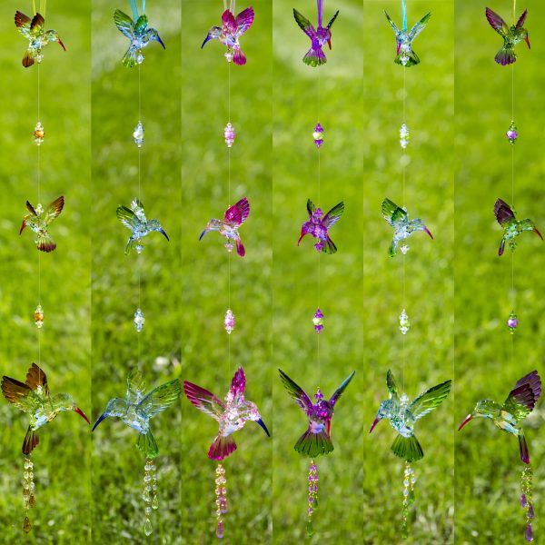 collage of 6 hanging acrylic 3-piece hummingbird chains in 6 assorted colors