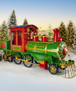 Extra large 16 feet long iron Christmas metal train in glossy red, green and gold with cart