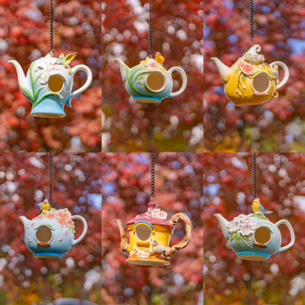 Set of 7 Hand-Painted Porcelain Teapot Birdhouses