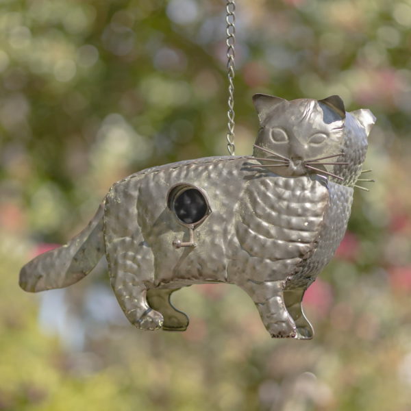 Full Front View of Metal Cat Hanging from a Chain with Fur Like Details and an Entrance for s Birds