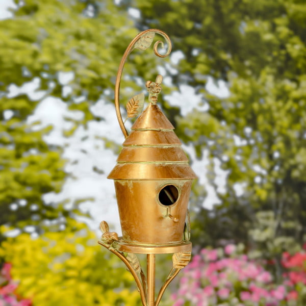metal birdhouse stake in antique copper finish