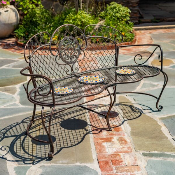 63" Long Montpellier Embellished Mosaic Garden Bench – Antique White "Écusson" & Antique Bronze "Antigone"