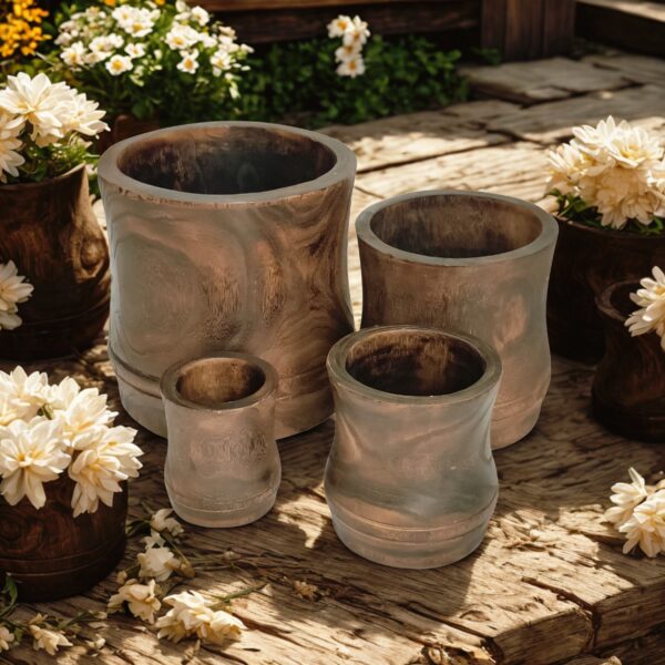 image showing four hourglass planters with a rustic background