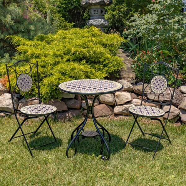 "Mary" Three Piece Round Mosaic Bistro Set - Navy/Yellow