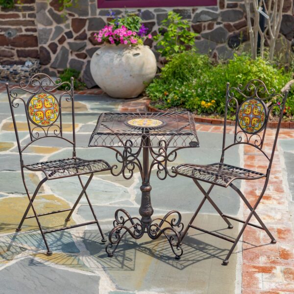 San Marino Three-Piece Mosaic Bistro Set – Antique White "Turin," Antique Bronze "Dolomites" & Mossy Blue "Sardinia"