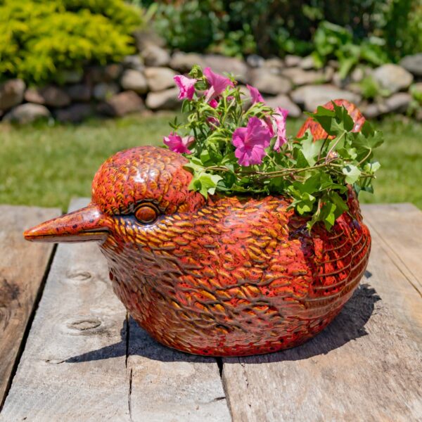 17.5" Hand Painted Ceramic Bird Planter in Red