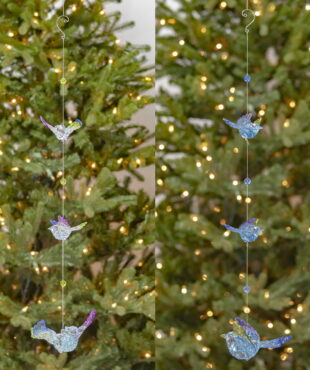 One set of two three piece five tone blue acrylic chain ornament hanging in colors like clear,blue ,purple, green an yellow