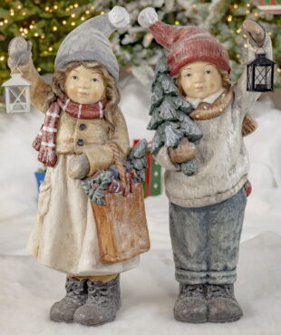 A Girl and Boy- Holding Lanterns, Shoping Bag, and Christmas Trees-Dressed in Winter Clothing