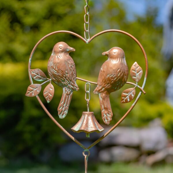78" Long Iron Lovebird Rain Chain with Bell in Antique Copper