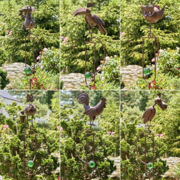 Set of of Rustic-Style Garden Stakes with Cats, Dogs and Birds with a Glass ball