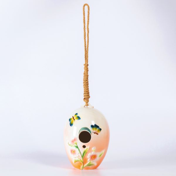 19" Long Egg-Shaped Hanging Porcelain Birdhouse w/Butterflies "Flora"