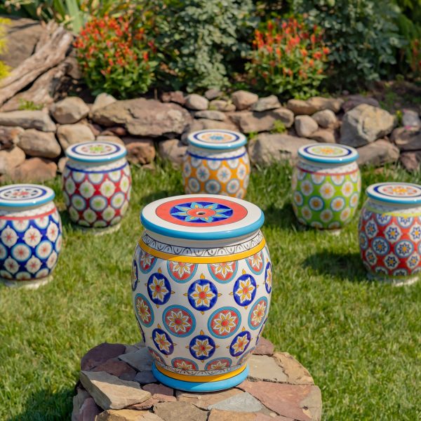 17.75 Tall Ceramic Stoneware Stool in Ivory, Yellow and Mauve Camila
