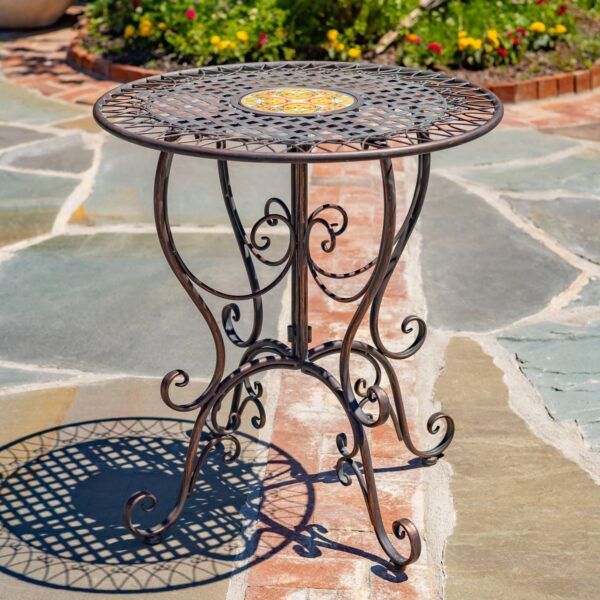 San Marino Round Mosaic Bistro Table – Antique White "Turin," Antique Bronze "Dolomites" & Mossy Blue "Sardinia"