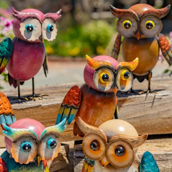 Set of 6 Assorted Vibrant Metal Owl Figurines "Perky Parliament"