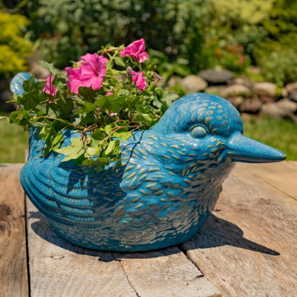 17.5" Hand Painted Ceramic Bird Planter in Blue
