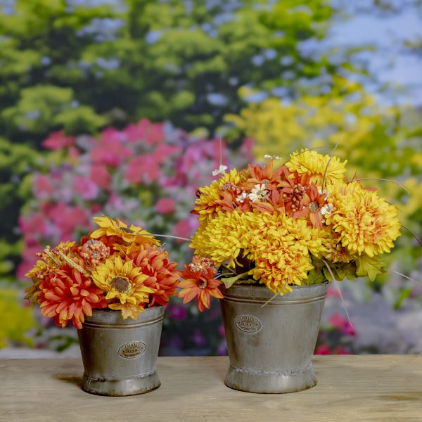 2 Galvanized Round Iron Planters with Moving Handles in Antique Grey