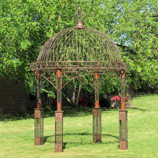 14 feet tall iron round roof garden gazebo on 4 square pillars in distressed antique bronze finish