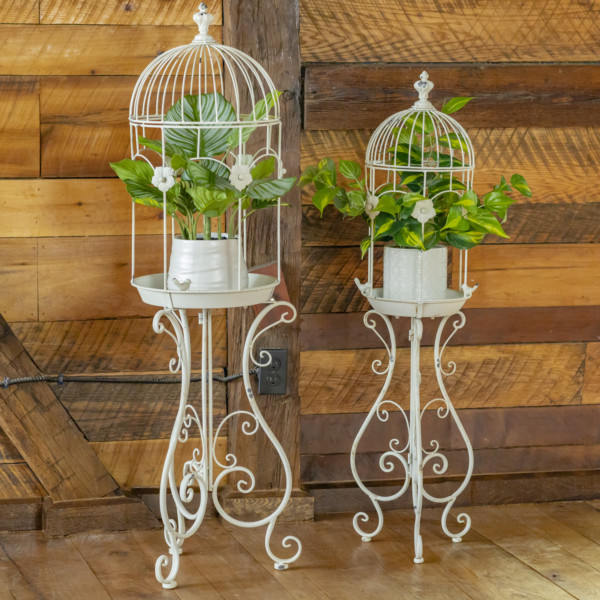 Two metal antique white plant stands shaped as a birdcage with curlicue structure at the bottom and plants inside (Plants not included)